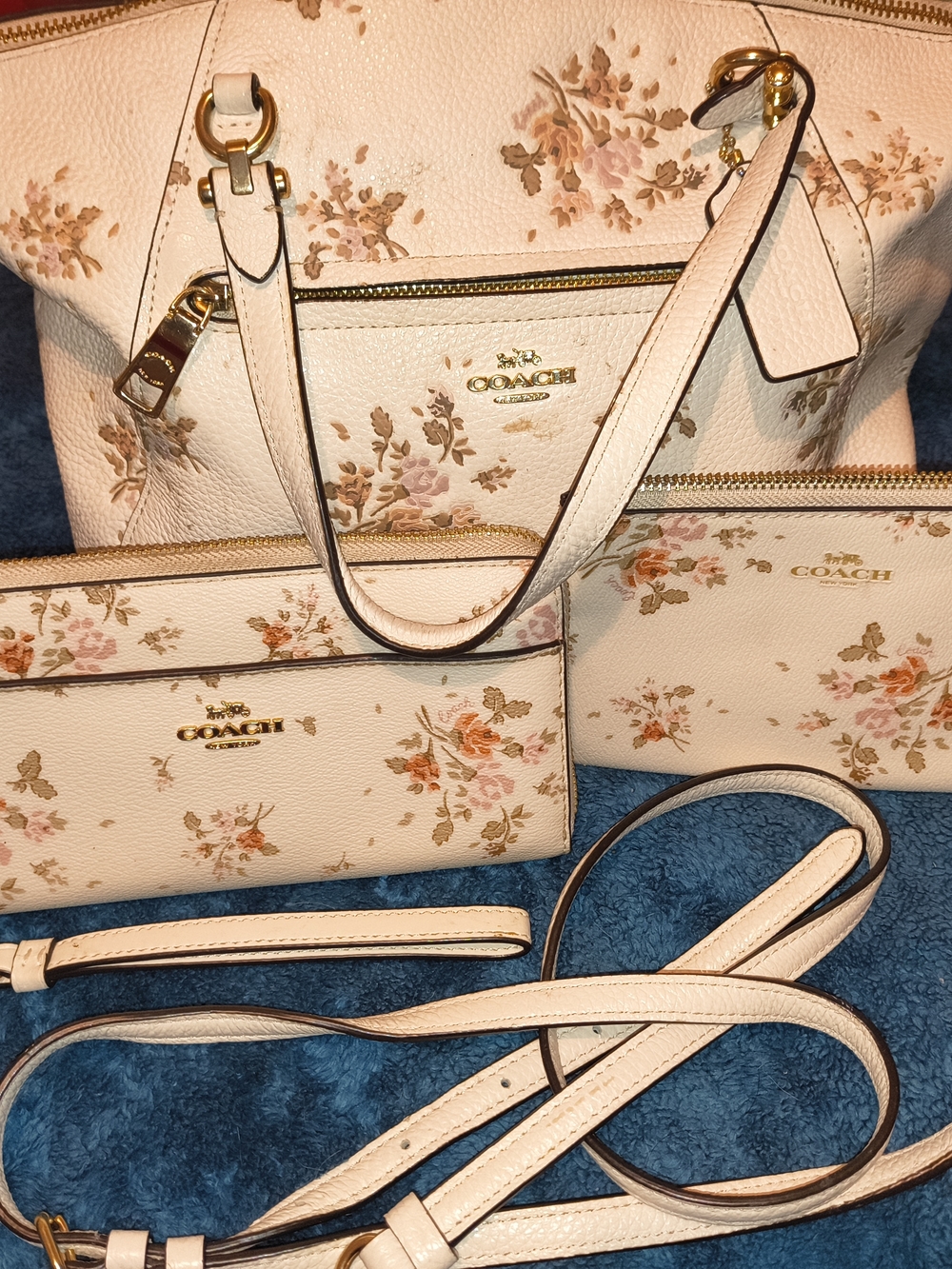 COACH Floral Print Cream Leather Tote and Wallet Set